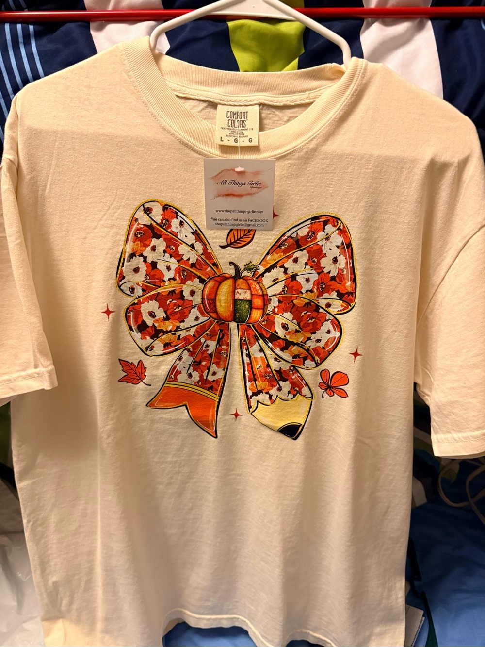 Comfort Colors Cream Tee with Orange Floral Pumpkin Bow
